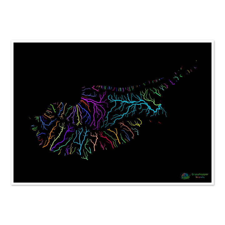 River basin map of Cyprus, rainbow colours on black - Fine Art Print