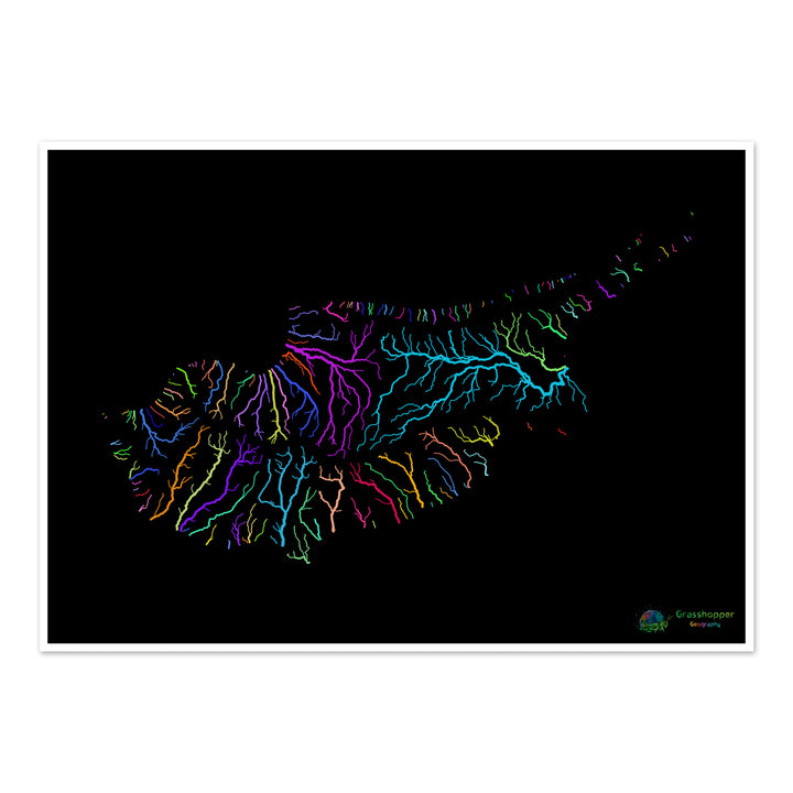 Chipre - Mapa de la cuenca fluvial, arco iris sobre negro - Impresión de bellas artes