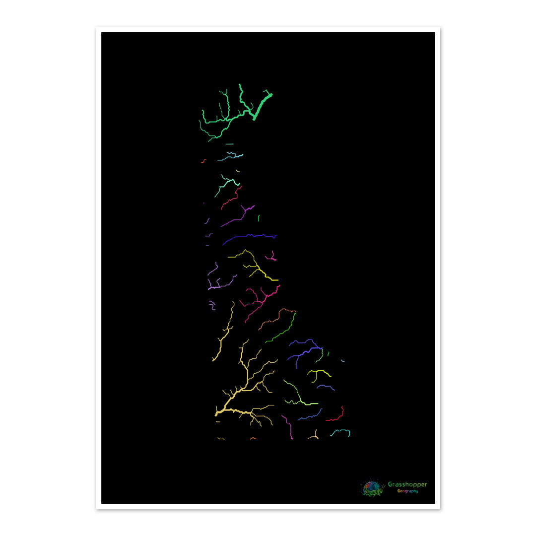 Delaware - River basin map, rainbow on black - Fine Art Print