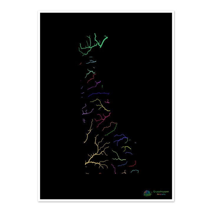 Delaware - River basin map, rainbow on black - Fine Art Print