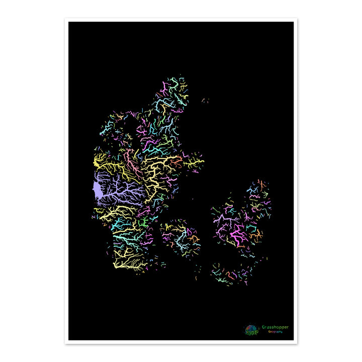 River basin map of Denmark, pastel colours on black - Fine Art Print