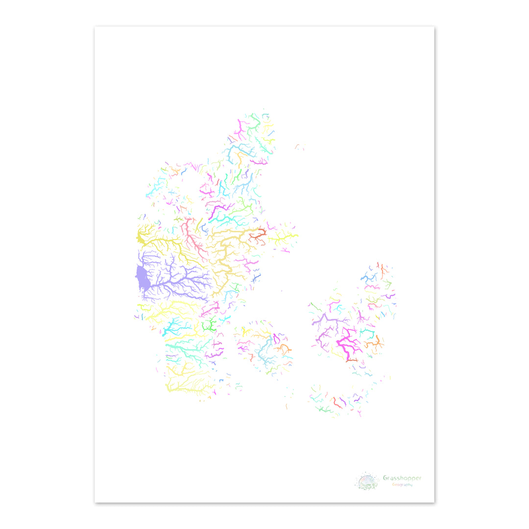 Dinamarca - Mapa de la cuenca fluvial, pastel sobre blanco - Impresión de bellas artes