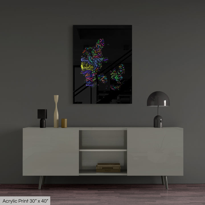 Denmark - River basin map, rainbow colours - Wall Art