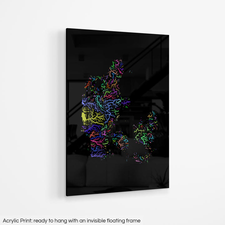 Denmark - River basin map, rainbow colours - Wall Art
