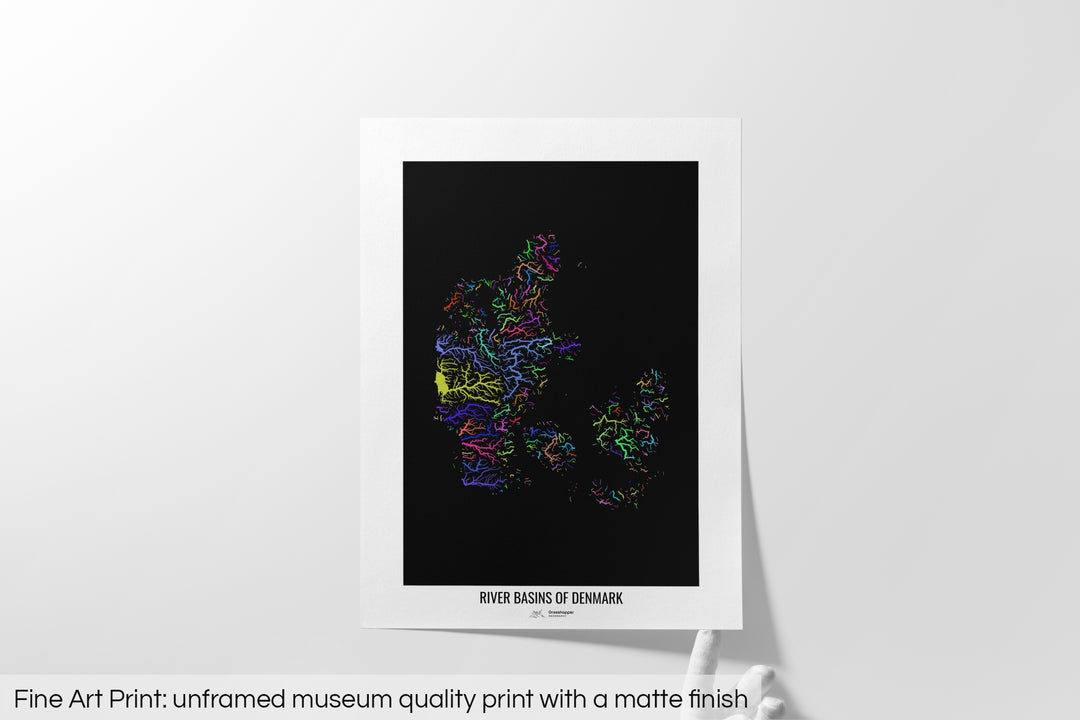 Denmark - River basin map, rainbow colours - Wall Art