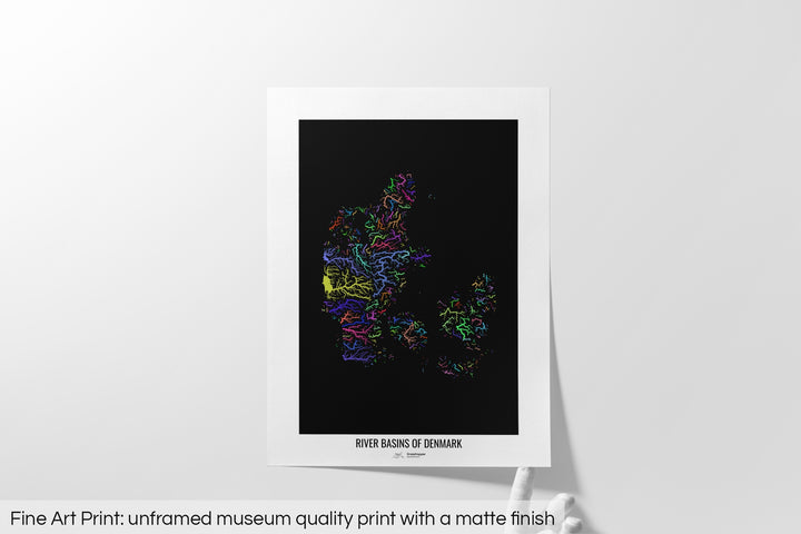 Denmark - River basin map, rainbow colours - Wall Art