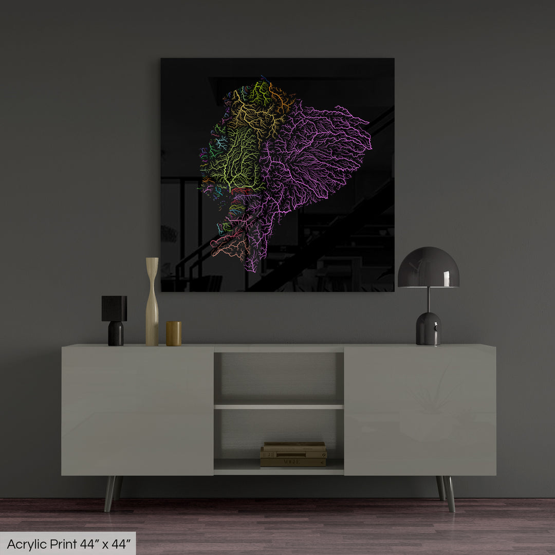 Ecuador - River basin map, rainbow colours - Wall Art