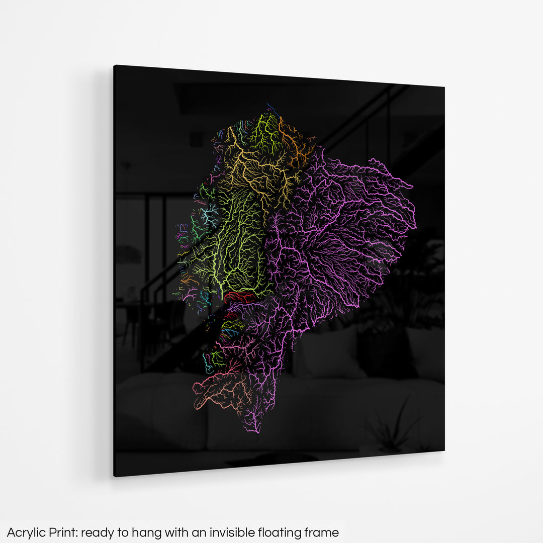 Ecuador - River basin map, rainbow colours - Wall Art