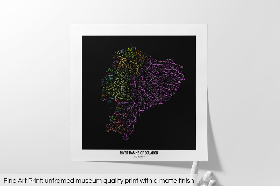 Ecuador - River basin map, rainbow colours - Wall Art