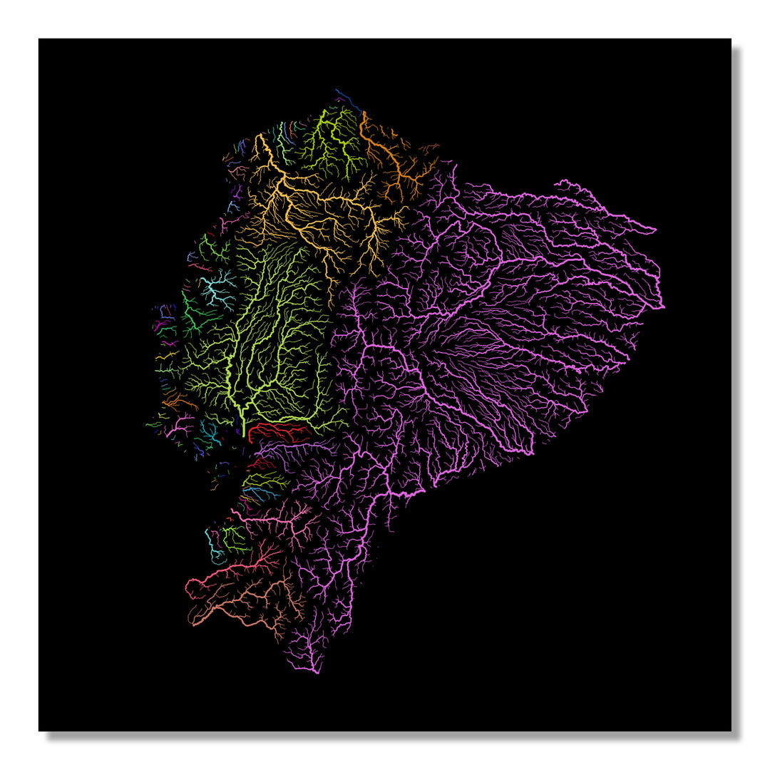 Ecuador - River basin map, rainbow colours - Wall Art