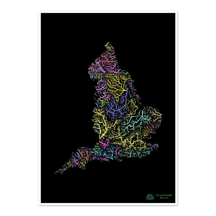 Inglaterra - Mapa de la cuenca fluvial, pastel sobre negro - Impresión de Bellas Artes