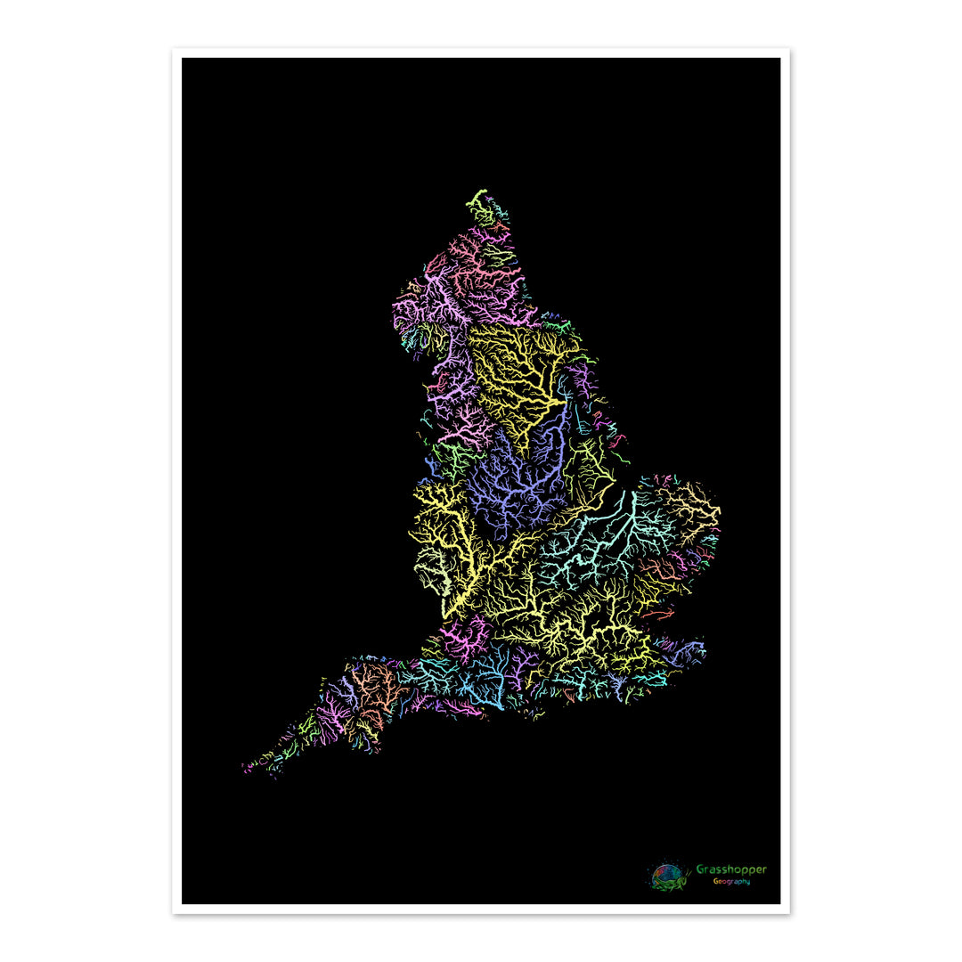 Angleterre - Carte des bassins fluviaux, pastel sur noir - Fine Art Print