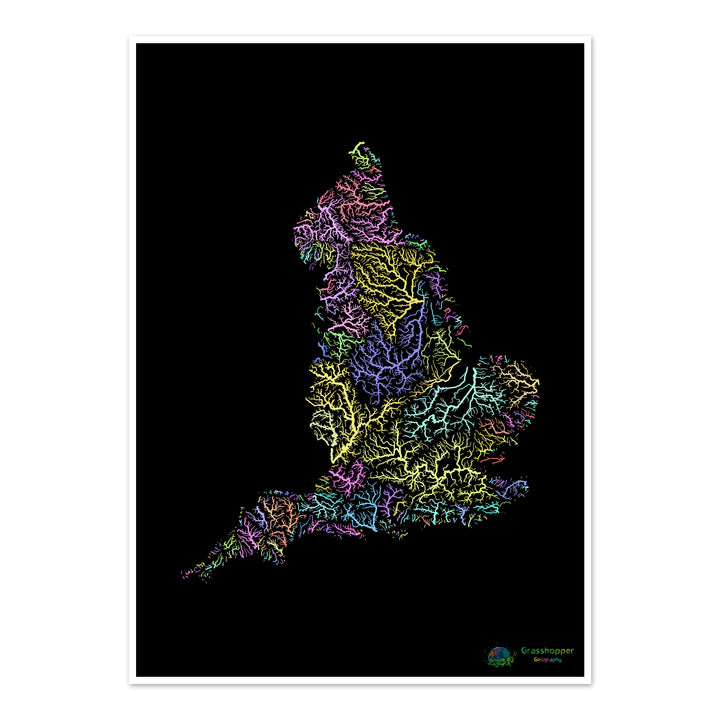 England - River basin map, pastel on black - Fine Art Print