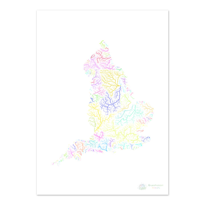 Angleterre - Carte des bassins fluviaux, pastel sur blanc - Fine Art Print