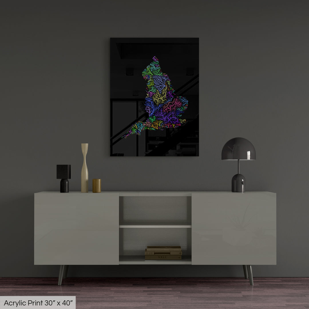 England - River basin map, rainbow colours - Wall Art