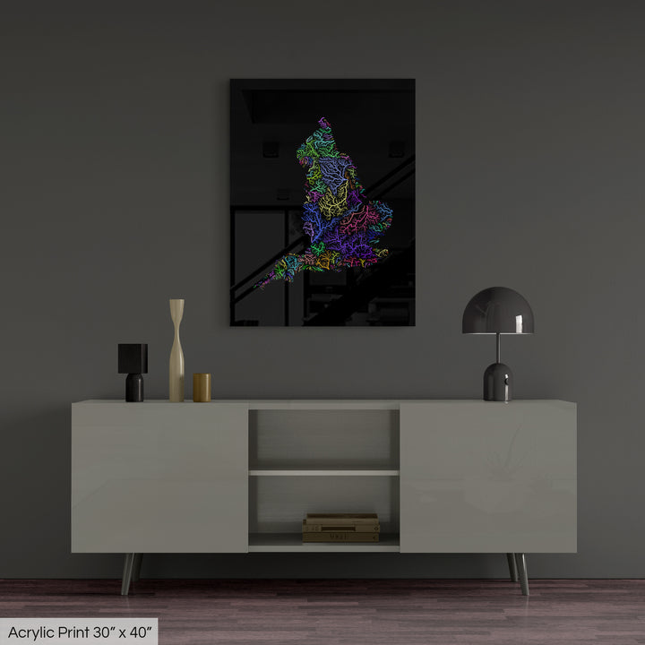 England - River basin map, rainbow colours - Wall Art