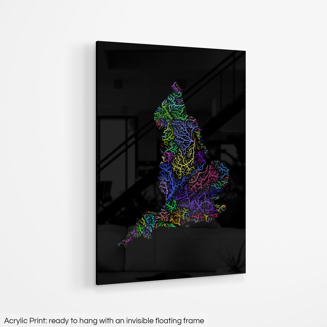 England - River basin map, rainbow colours - Wall Art