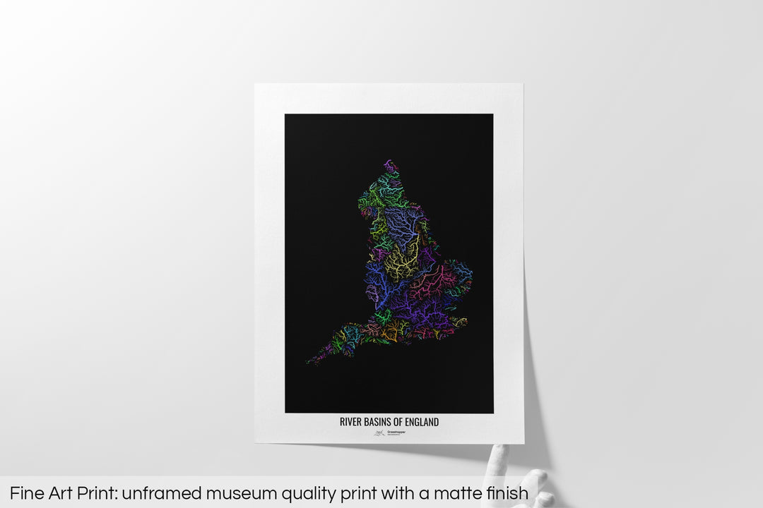England - River basin map, rainbow colours - Wall Art