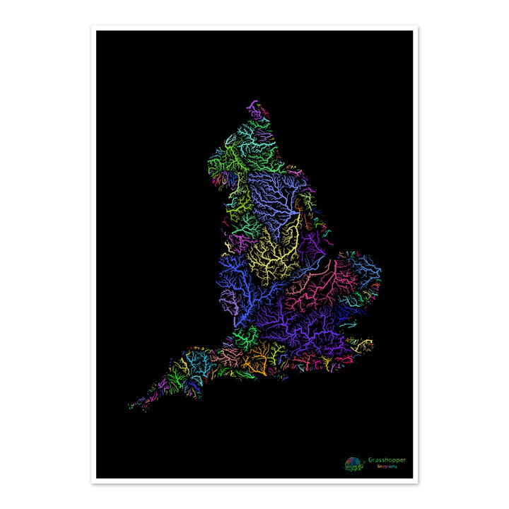 Angleterre - Carte des bassins fluviaux, arc-en-ciel sur noir - Fine Art Print