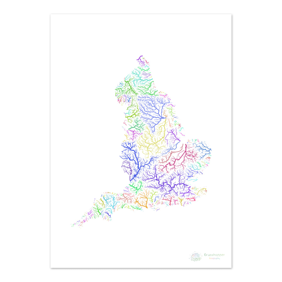 River basin map of England, rainbow colours on white Fine Art Print