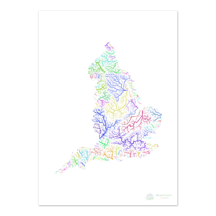 Angleterre - Carte des bassins fluviaux, arc-en-ciel sur blanc - Fine Art Print