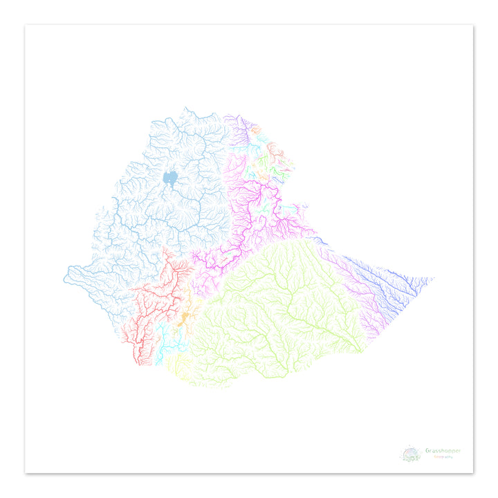River basin map of Ethiopia, pastel colours on white - Fine Art Print