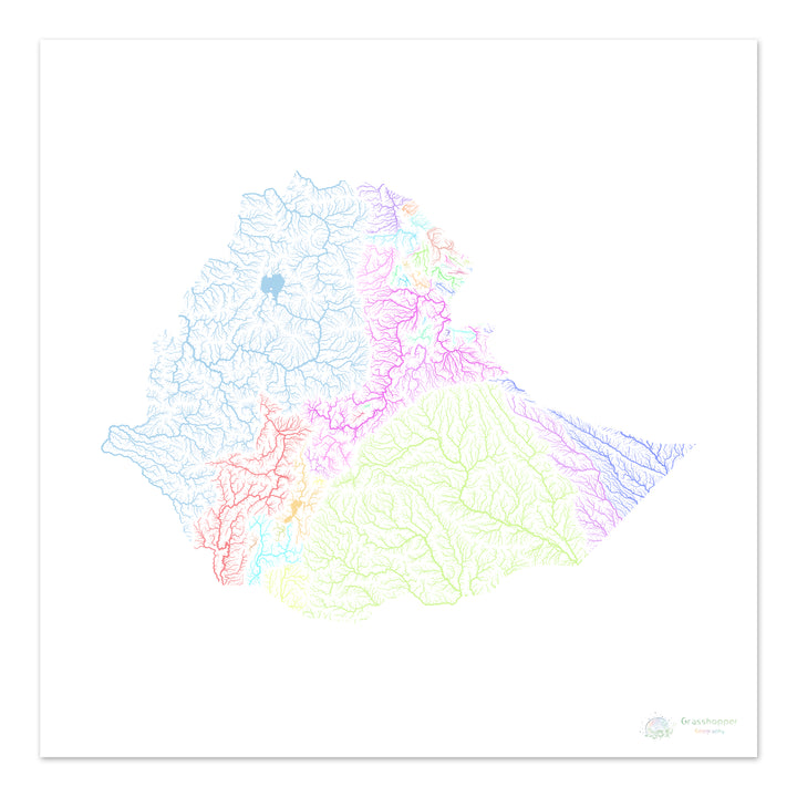 Äthiopien - Flussgebietskarte, Pastell auf Weiß - Fine Art Print