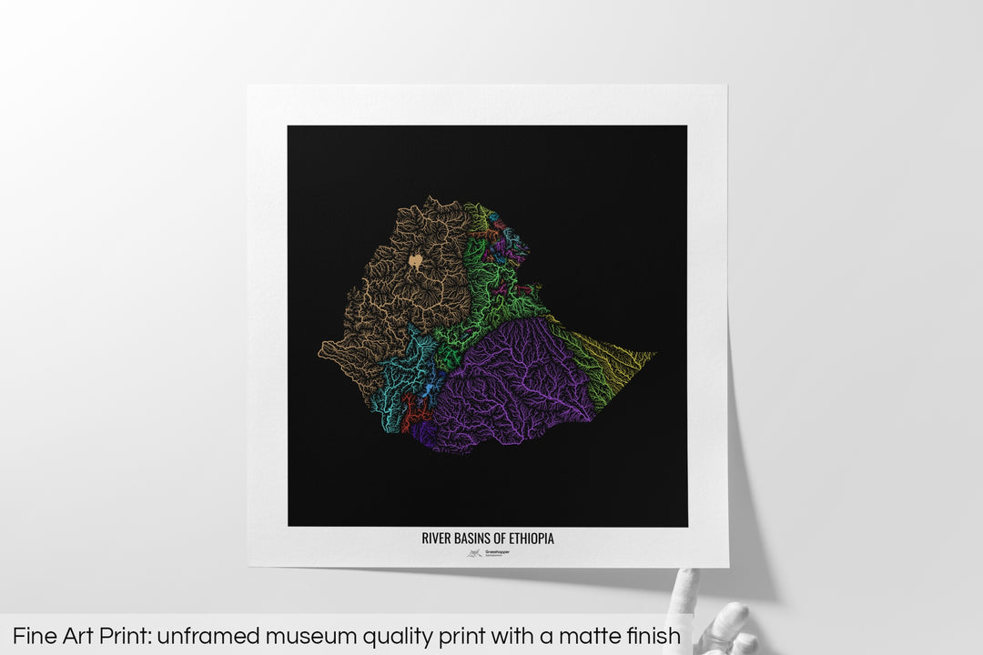 Ethiopia - River basin map, rainbow colours - Wall Art