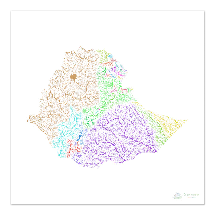 Etiopía - Mapa de la cuenca fluvial, arco iris sobre blanco - Impresión de Bellas Artes