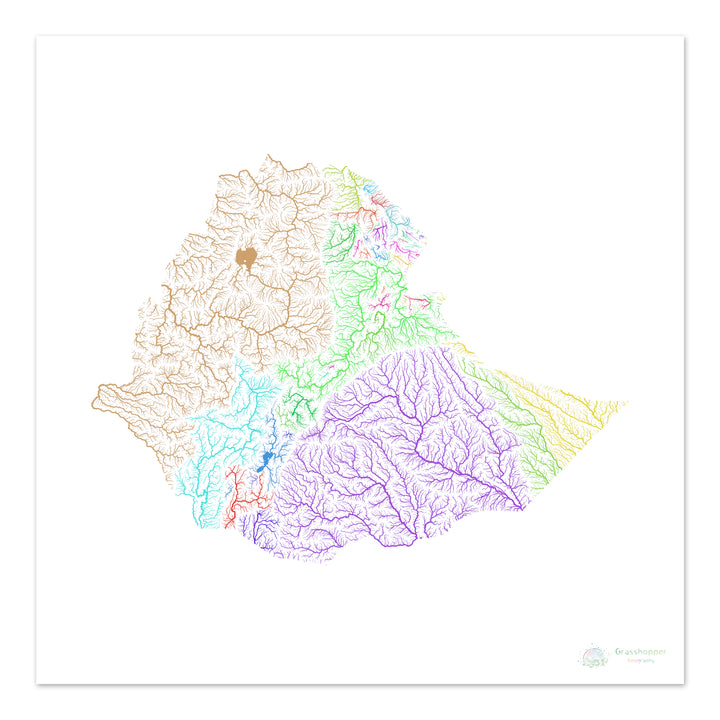 Éthiopie - Carte des bassins fluviaux, arc-en-ciel sur blanc - Fine Art Print