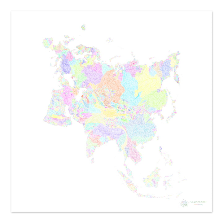 Eurasie - Carte des bassins fluviaux, pastel sur blanc - Fine Art Print