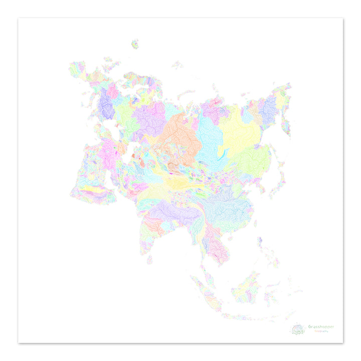 Eurásia - Mapa da bacia hidrográfica, pastel sobre branco - Impressão de belas artes