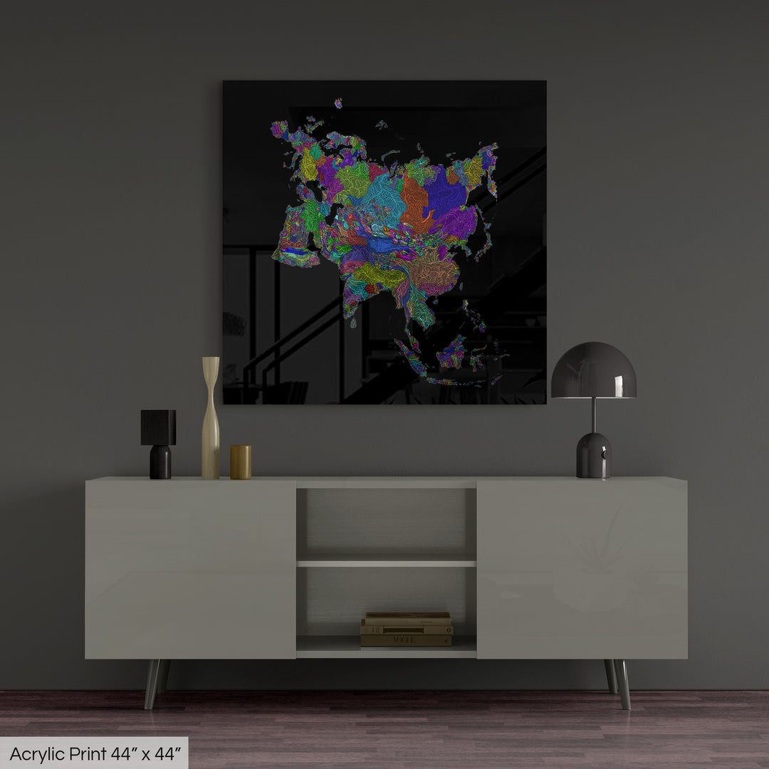 Eurasia - River basin map, rainbow colours - Wall Art