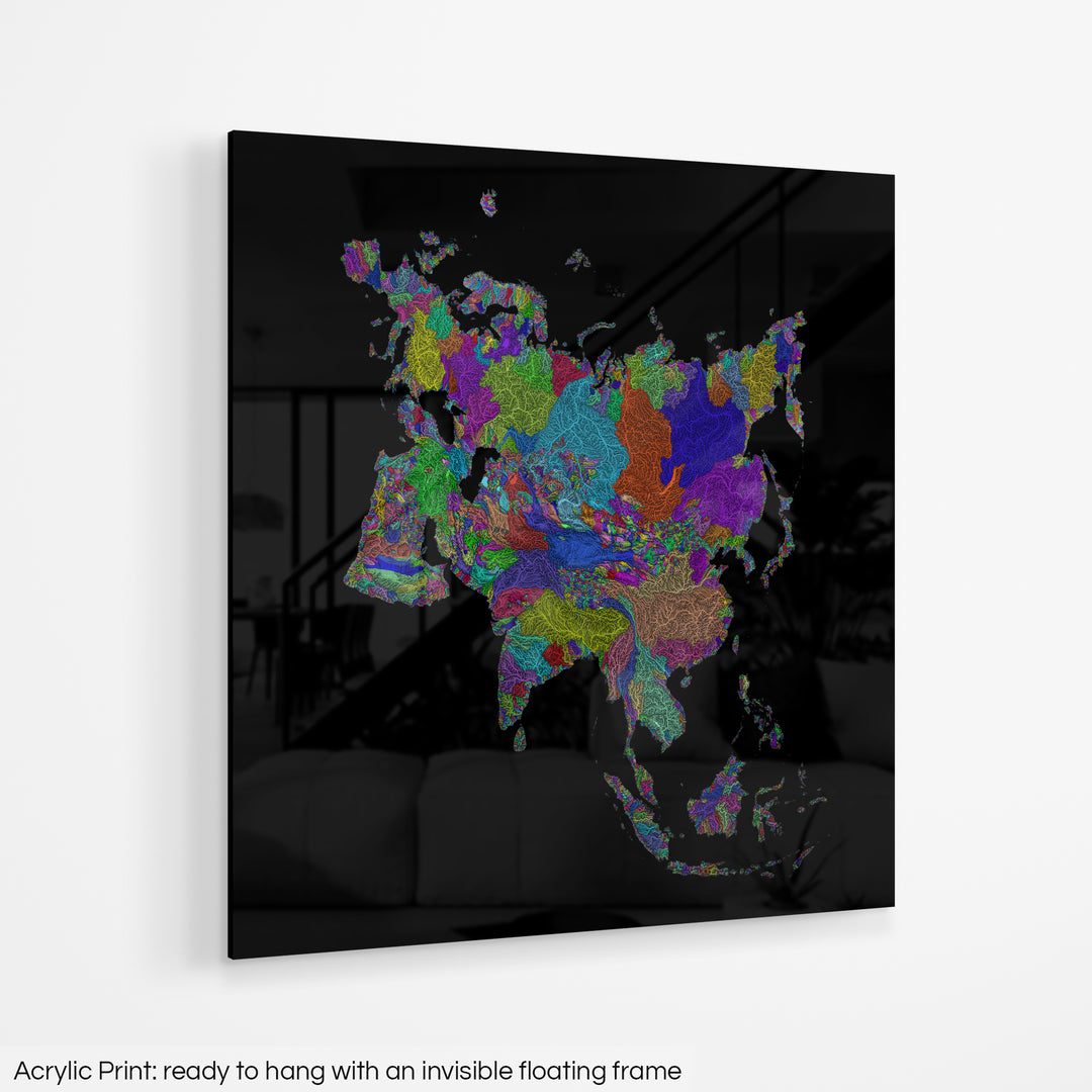 Eurasia - River basin map, rainbow colours - Wall Art
