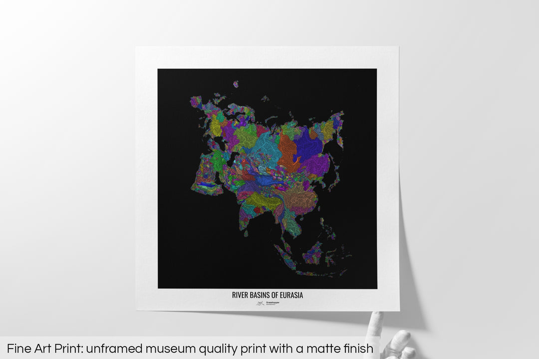 Eurasia - River basin map, rainbow colours - Wall Art