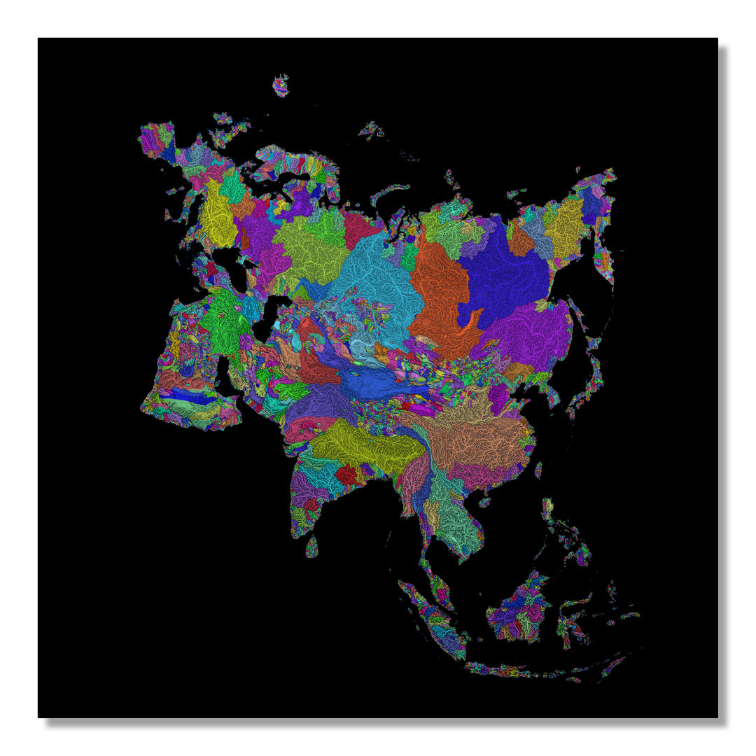 Eurasia - River basin map, rainbow colours - Wall Art