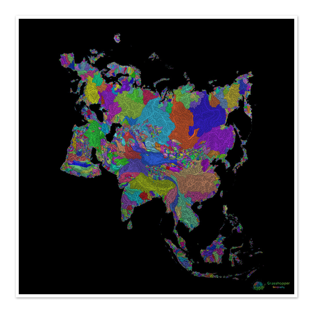 Eurasia - Mapa de la cuenca fluvial, arco iris sobre negro - Impresión de Bellas Artes