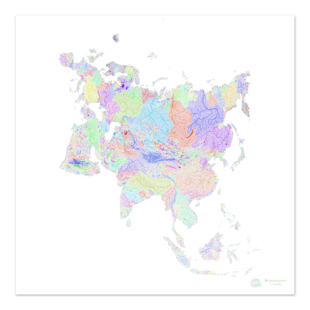 River basin map of Eurasia, rainbow colours on white Fine Art Print
