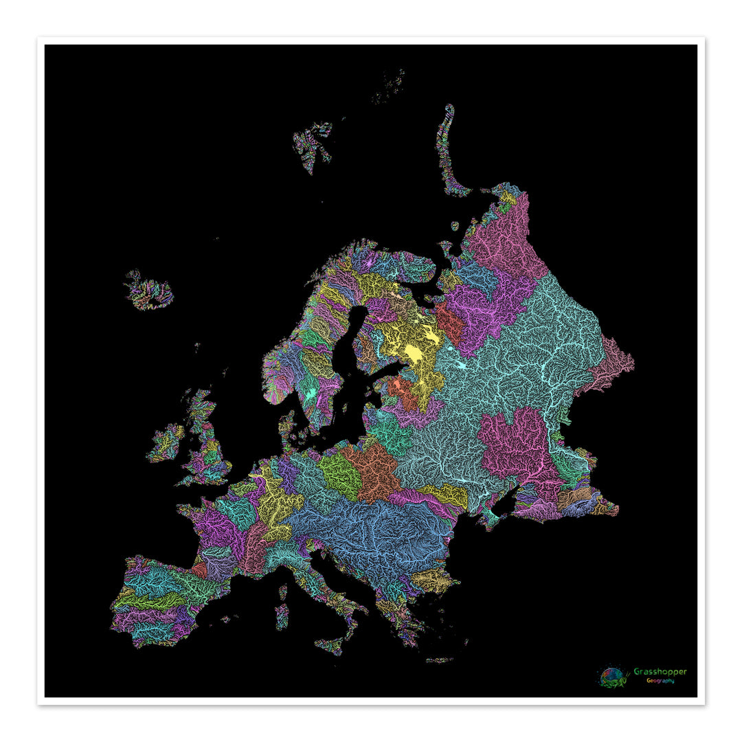 River basin map of Europe, pastel colours on black - Fine Art Print
