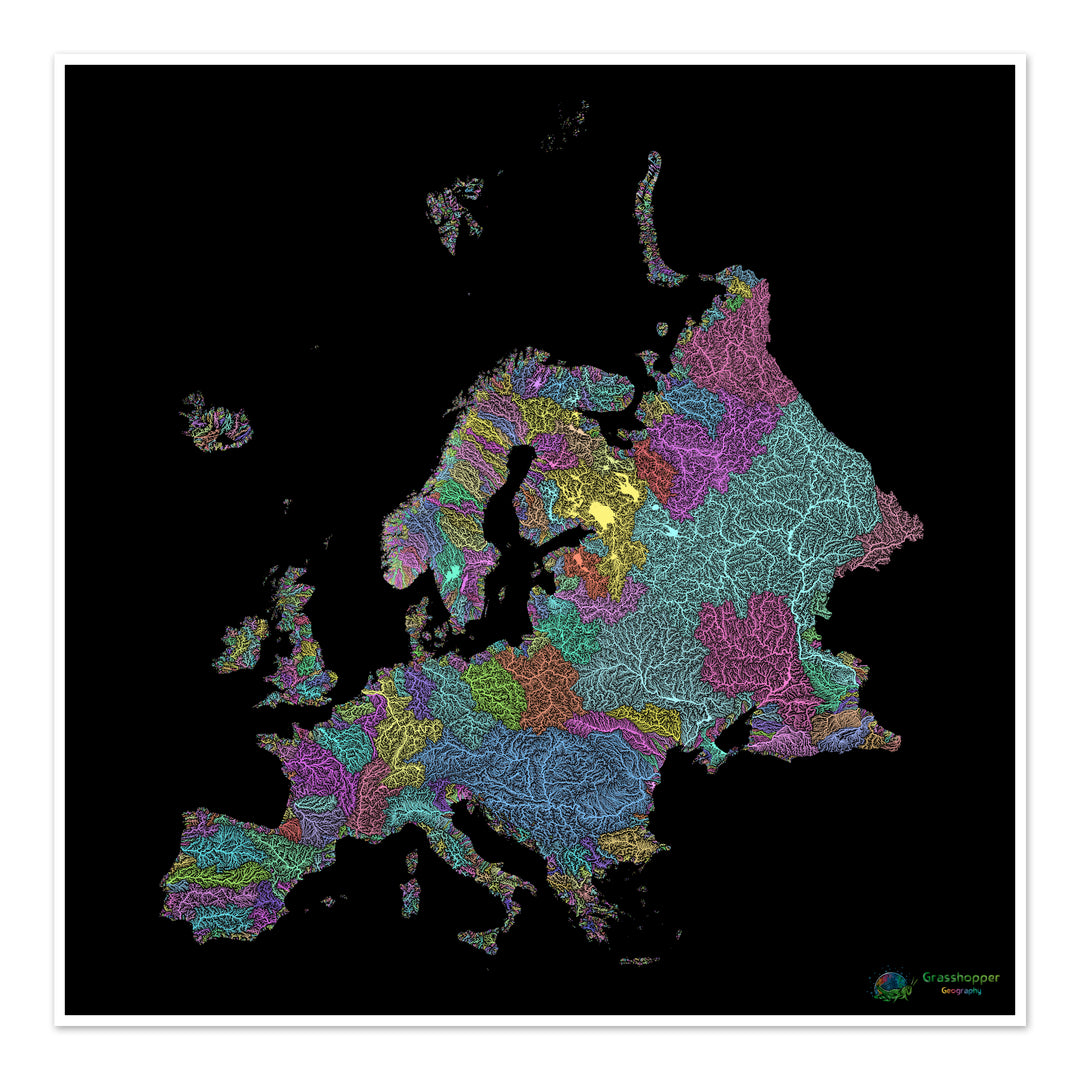 Europe - Carte des bassins fluviaux, pastel sur noir - Fine Art Print