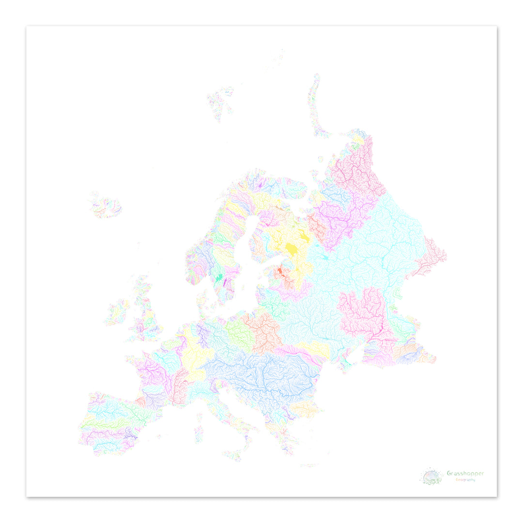 Europa - Mapa de la cuenca fluvial, pastel sobre blanco - Impresión de Bellas Artes