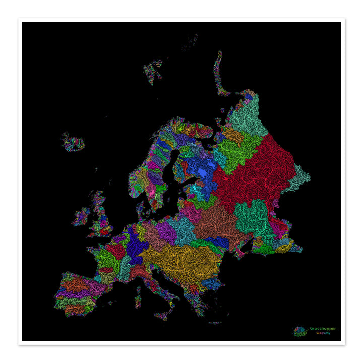 Europe - Carte des bassins fluviaux, arc-en-ciel sur noir - Fine Art Print