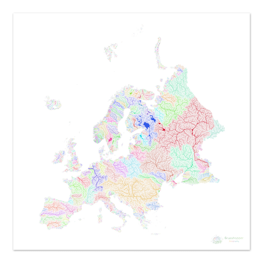 Europe - River basin map, rainbow on white - Fine Art Print