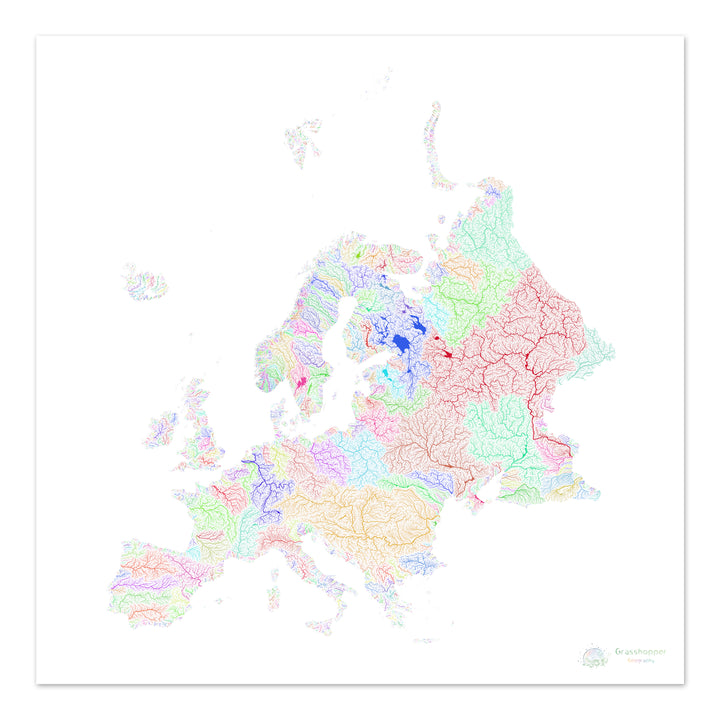 Europe - Carte des bassins fluviaux, arc-en-ciel sur blanc - Fine Art Print
