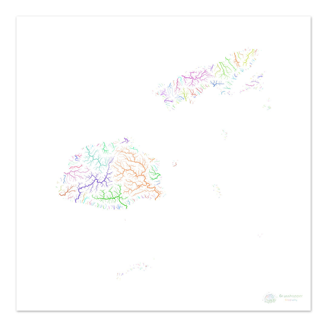River basin map of Fiji, rainbow colours on white - Fine Art Print