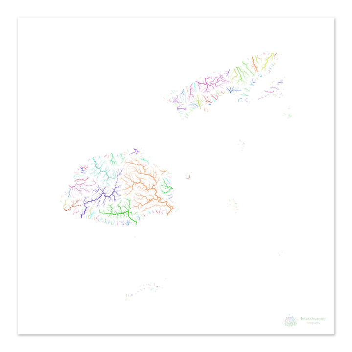 River basin map of Fiji, rainbow colours on white - Fine Art Print