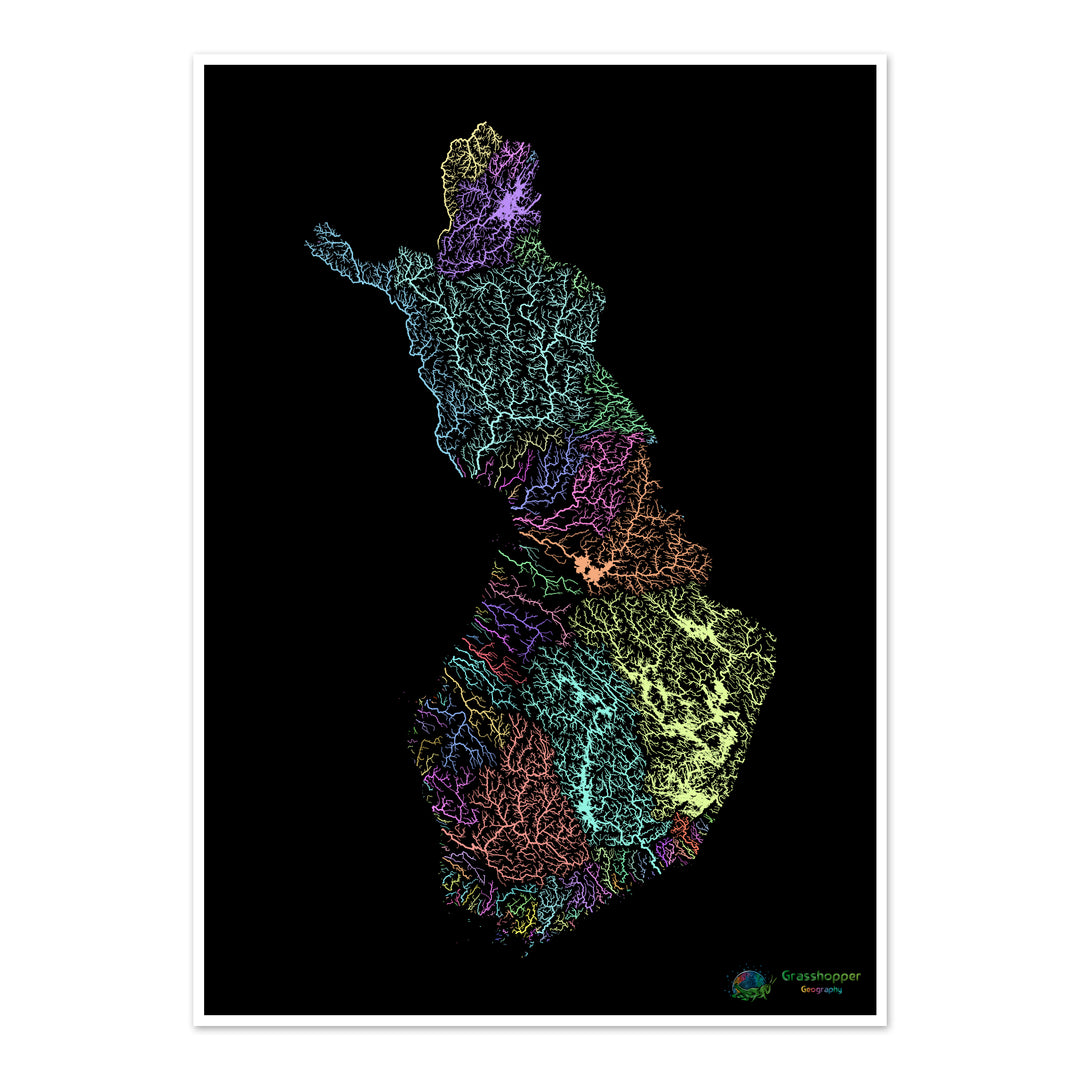 Finlandia - Mapa de la cuenca fluvial, pastel sobre negro - Impresión de bellas artes