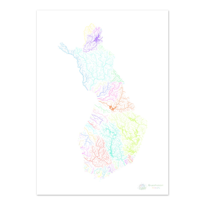Finlandia - Mapa de la cuenca fluvial, pastel sobre blanco - Impresión de bellas artes