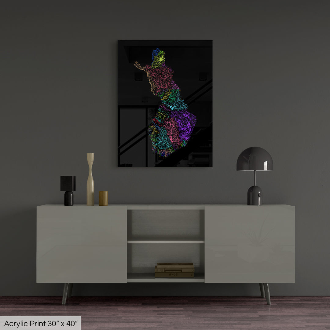 Finland - River basin map, rainbow colours - Wall Art