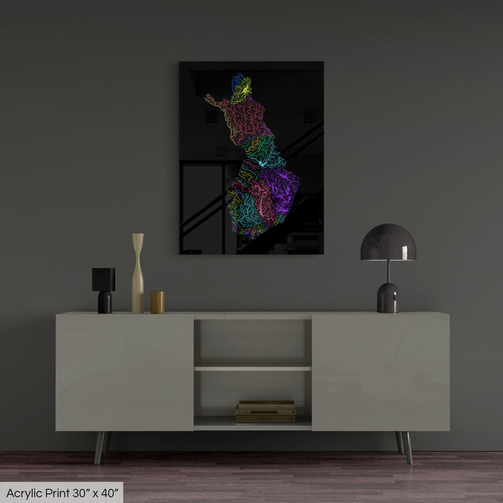Finland - River basin map, rainbow colours - Wall Art